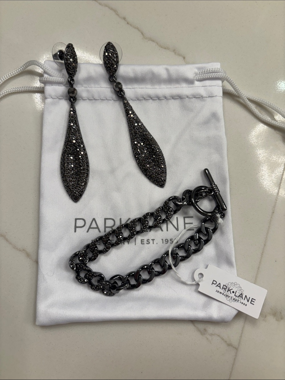 Park Lane Gunmetal Pave Drop Earrings and Chain Bracelet Set - Gunmetal